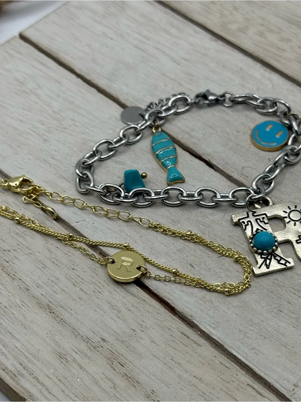 Set of two Letter “R” Turquoise Charm Bracelet and Gold Necklace Set